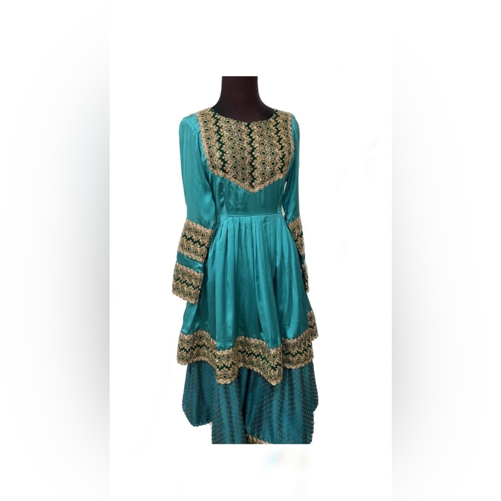 Afghan Traditional Dress | Blue & Gold Embroidered Formal Cultural Gown | Size 8